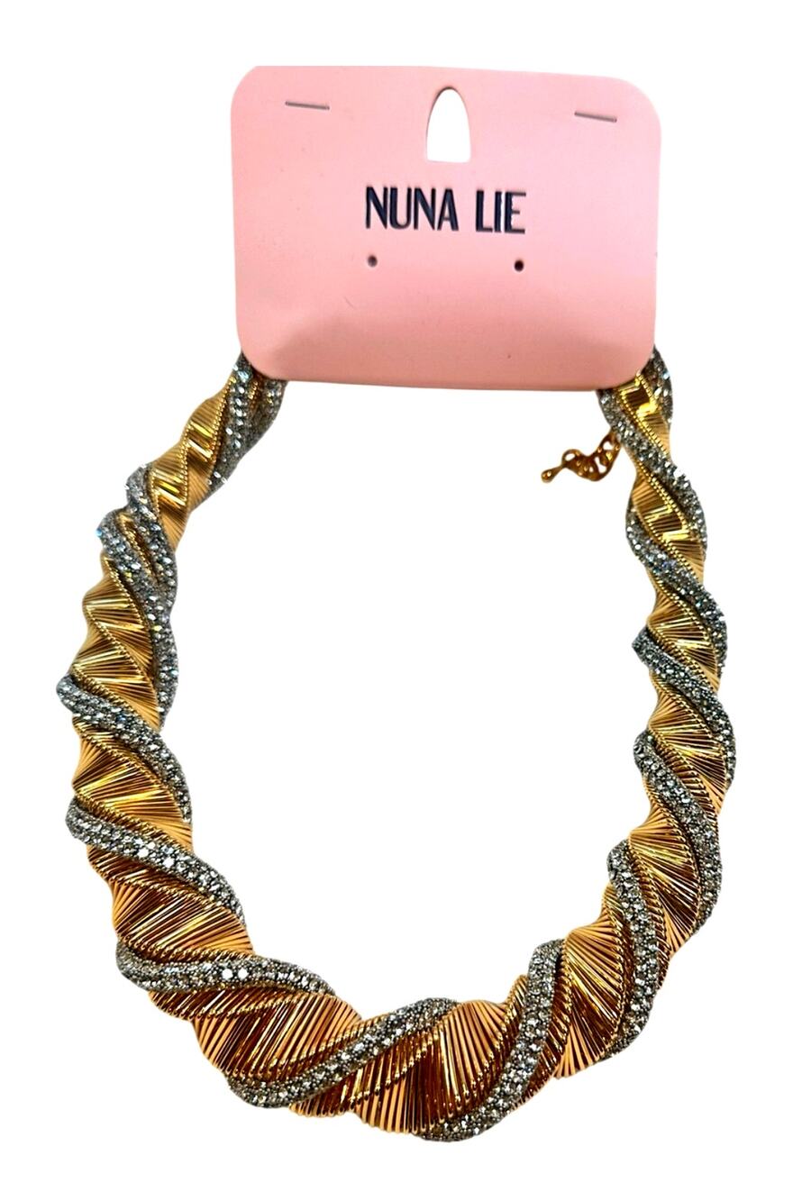 Nuna Lie Gold Tone Rhinestone Crystal Twist Statement Necklace NWT
